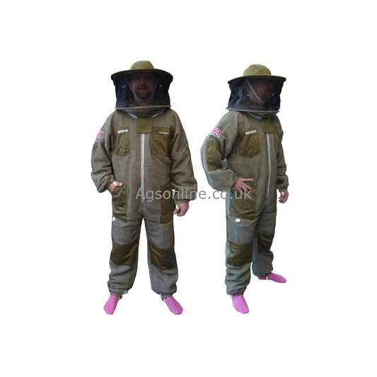 Two beekeepers wearing green 3 layer ventilated bee suits with round hat veils